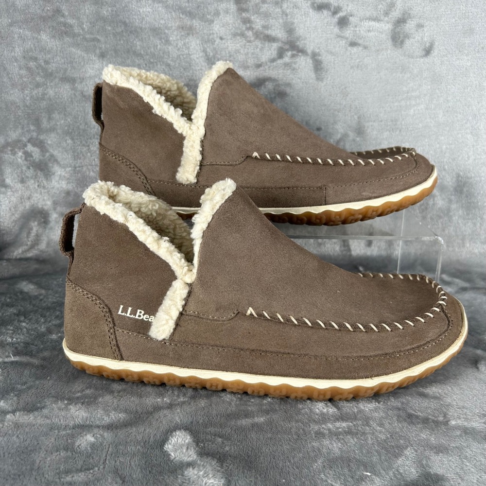 LL Bean Mountain Slippers Suede Ankle Moccasin Taupe Faux Shearling Lining